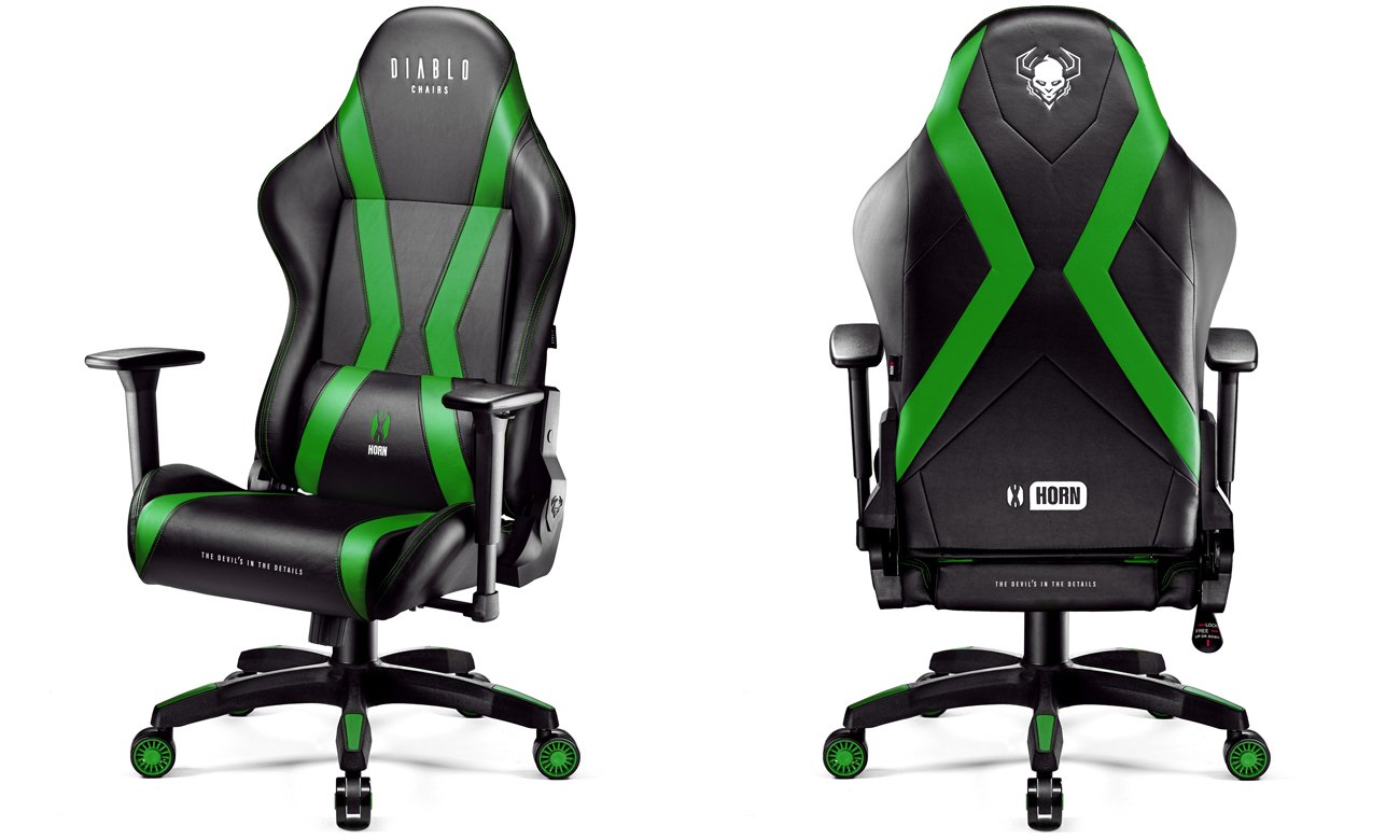 Fotel gamingowy Diablo Chairs X-Horn 2.0 Czarno-zielony - Widok od przodu i od tyłu pod kątem