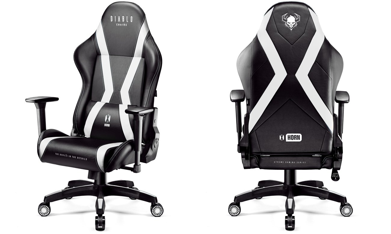 Fotel gamingowy Diablo Chairs X-Horn 2.0 King Size Czarno-biały - Widok od przodu i od tyłu pod kątem