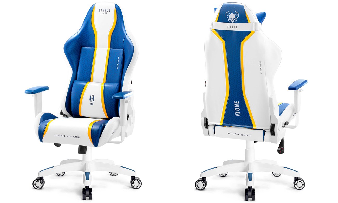 Fotel gamingowy Diablo Chairs X-One 2.0 Aqua Blue - Widok od przodu i od tyłu pod kątem
