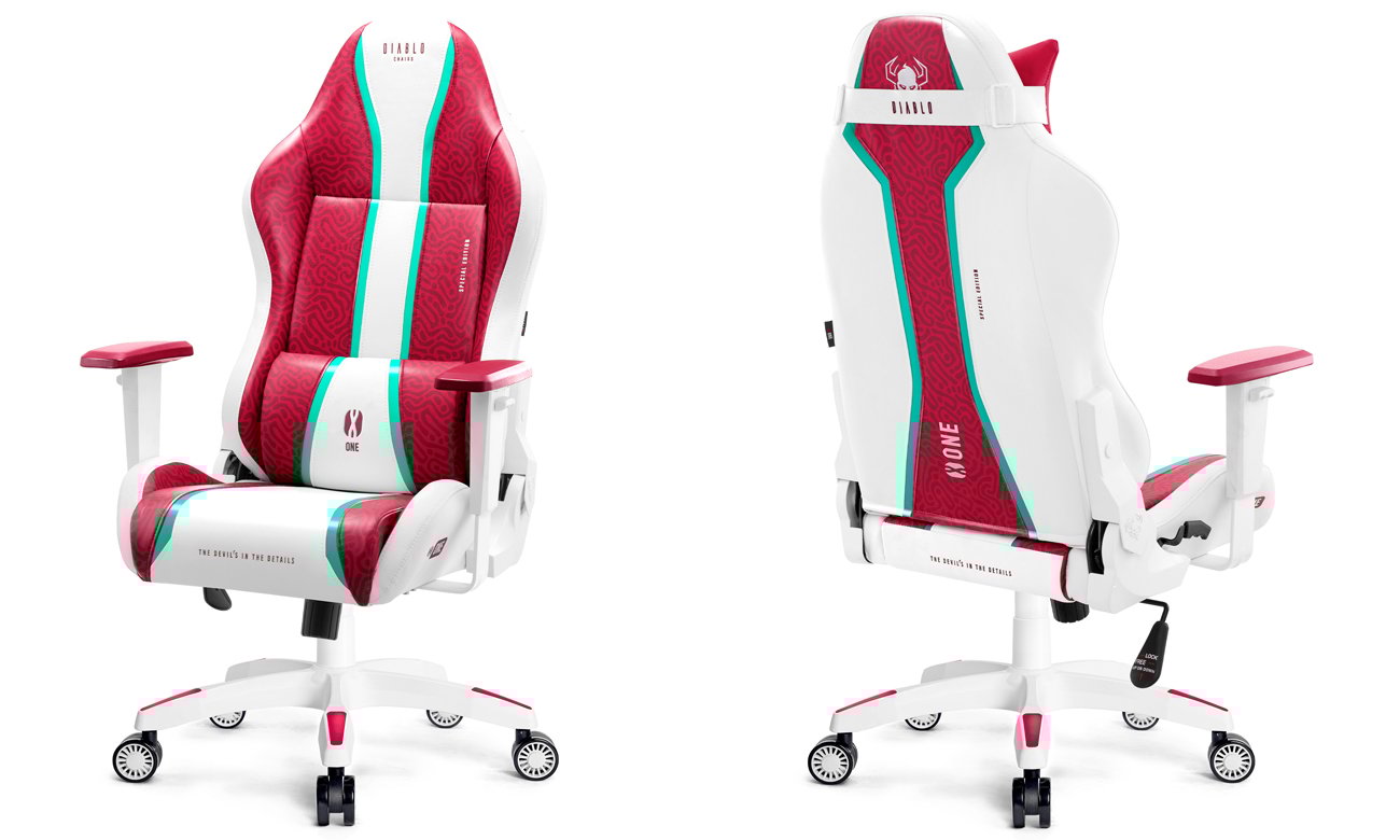 Fotel gamingowy Diablo Chairs X-One 2.0 Candy Rose - Widok od przodu i od tyłu pod kątem