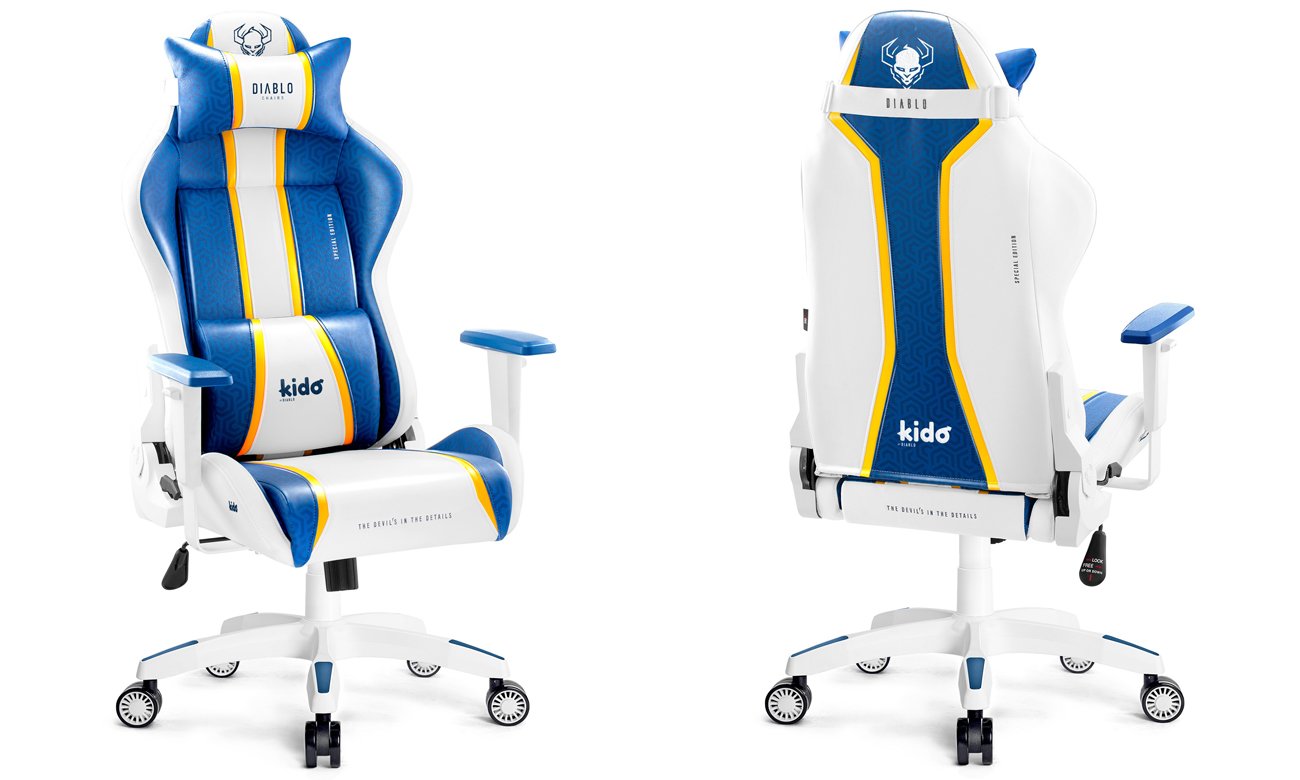 Fotel gamingowy dla dziecka Diablo Chairs X-One 2.0 Kids Size Aqua Blue - Widok od przodu i od tyłu pod kątem