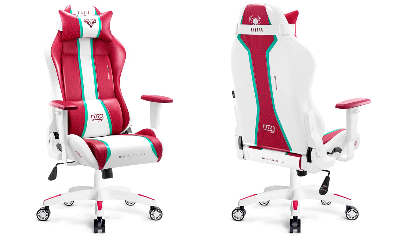 Fotel gamingowy dla dziecka Diablo Chairs X-One 2.0 Kids Size Candy Rose - Widok od przodu i od tyłu pod kątem