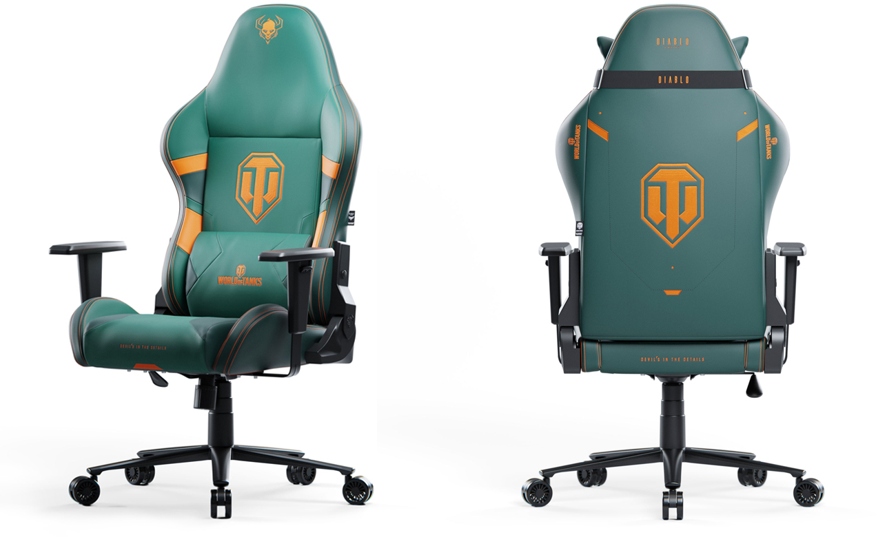Fotel gamingowy Diablo Chairs X-One 2.0 World of Tanks - Widok od przodu pod kątem i od tyłu
