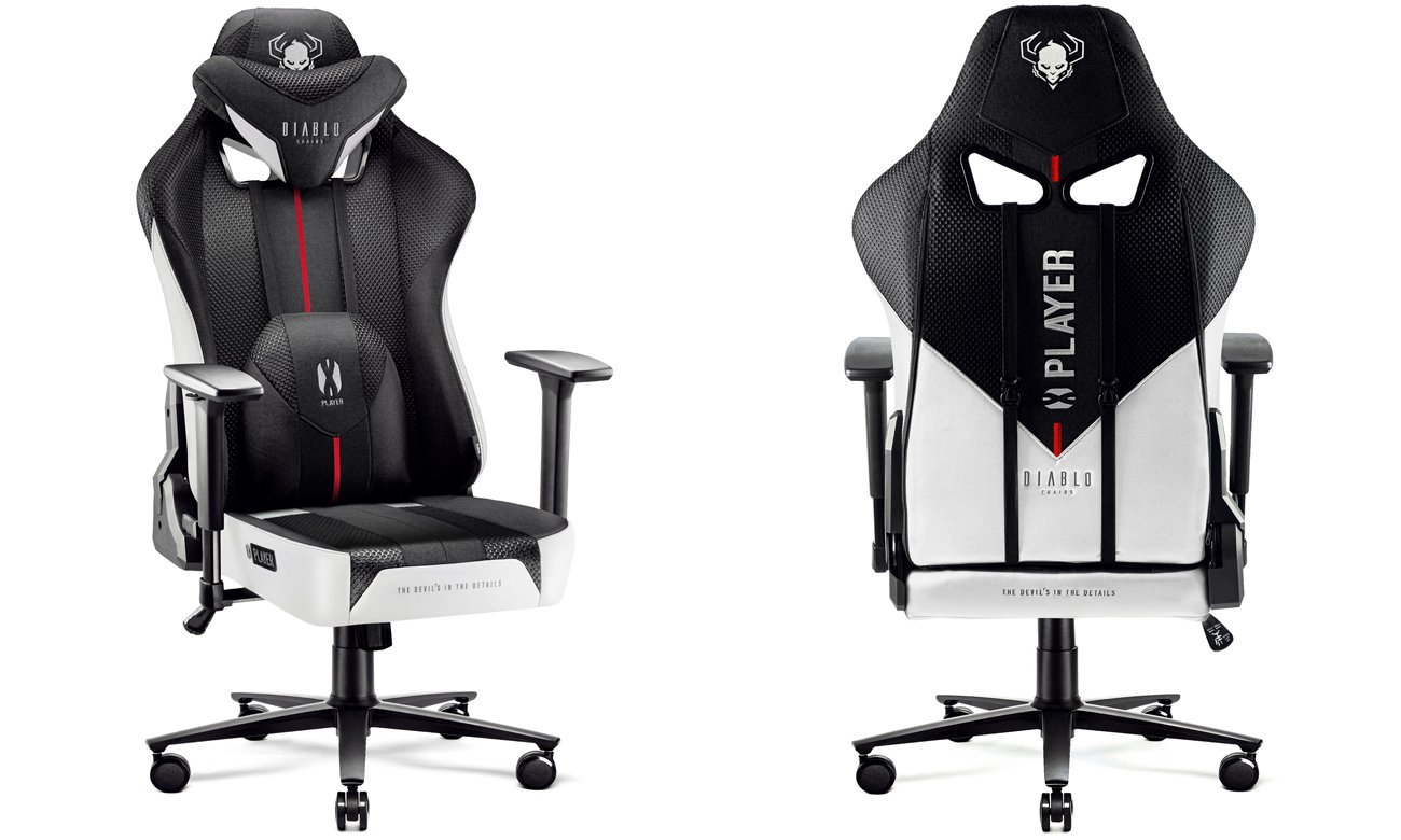 Fotel gamingowy Diablo Chairs X-Player 2.0 Biało-czarny (materiałowy) - Widok od przodu pod kątem i od tyłu