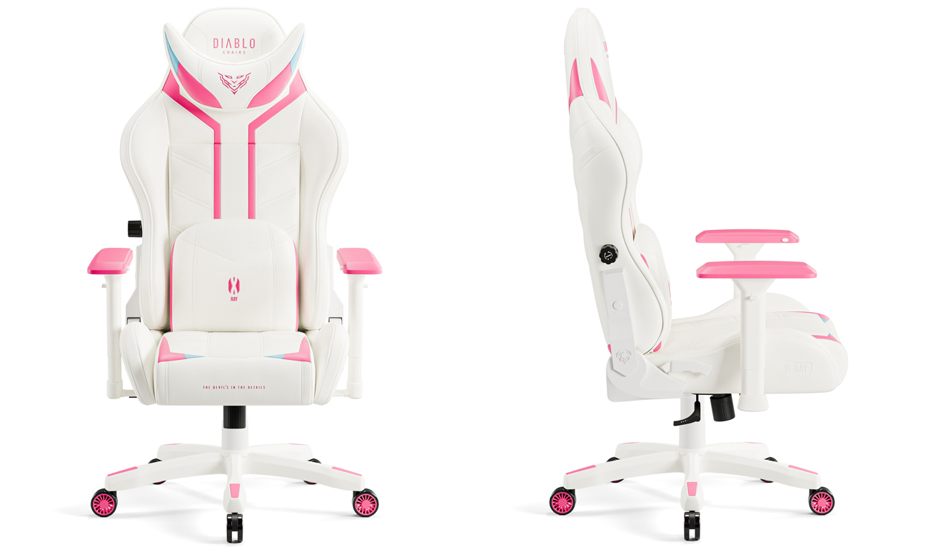 Fotel gamingowy Diablo Chairs X-Ray 2.0 Biało-różowy - Widok od przodu i od przodu pod kątem