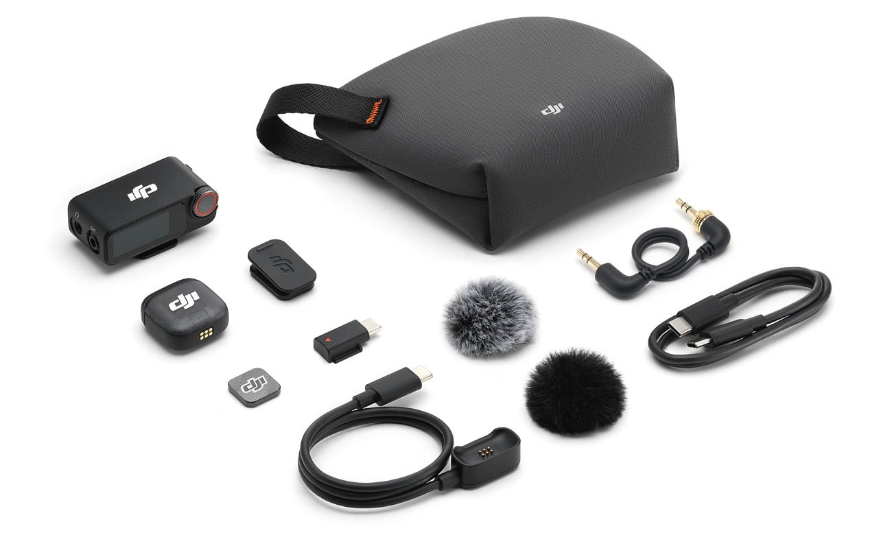 Zawartość zestawu DJI Mic 3 (1 TX + 1 RX)