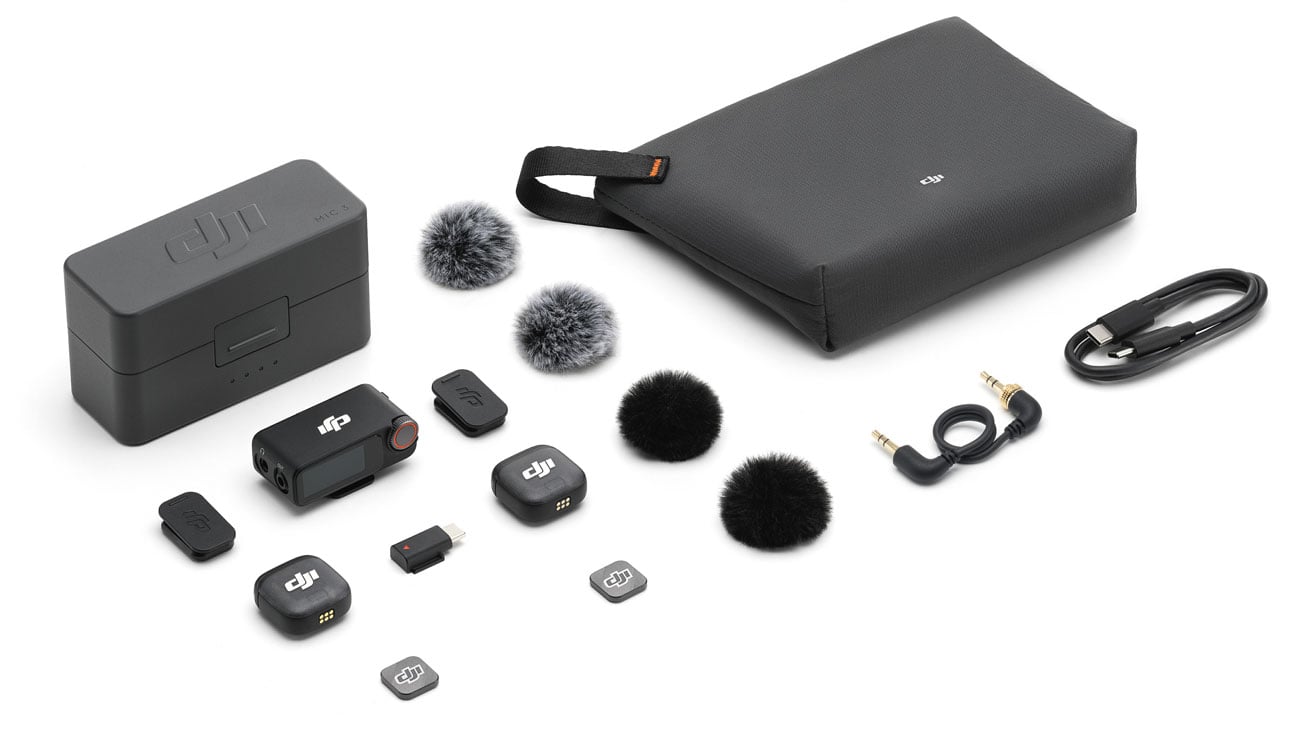 Zawartość zestawu DJI Mic 3 (2 TX + 1 RX)