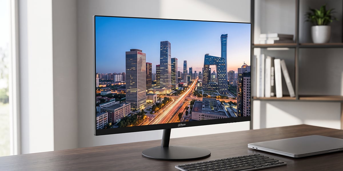 Monitor Dahua stoi na biurku na okrągłej podstawie i wyświetla panoramę nowoczesnego miasta o zmierzchu