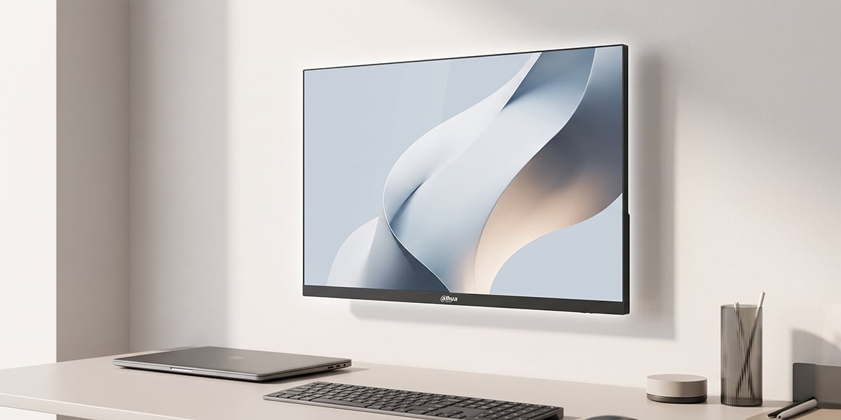 Monitor Dahua wisi na białej ścianie nad biurkiem z laptopem i klawiaturą, wyświetlając abstrakcyjną gra