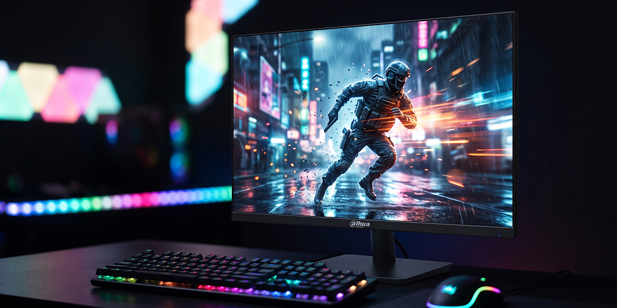 Stanowisko gamingowe z monitorem Dahua wyświetlającym żołnierza w deszczowym mieście obok klawiatury RGB
