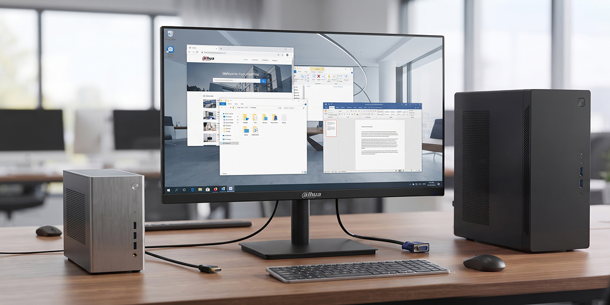 Monitor Dahua na biurku z otwartymi oknami aplikacji podłączony do dwóch jednostek komputerowych PC