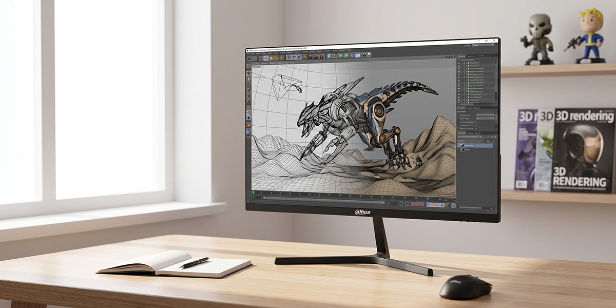 Monitor Dahua na drewnianym stole wyświetla model 3D mechanicznego potwora w programie graficznym