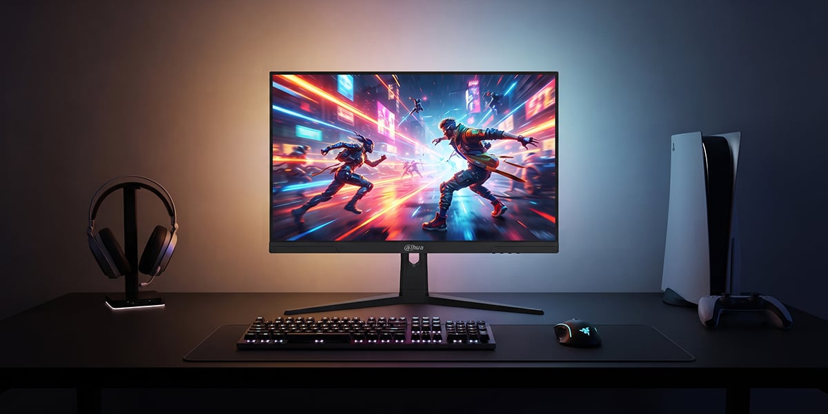 Monitor Dahua stoi na ciemnym biurku z klawiaturą RGB i wyświetla dwóch walczących postaci w neonowym mieście