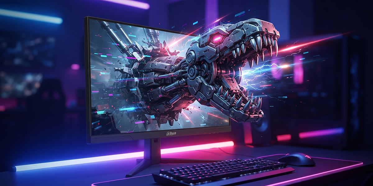 Monitor Dahua na biurku wyświetla mechanicznego dinozaura z otwartą paszczą w otoczeniu neonów i rozbłysków