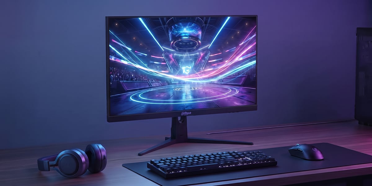 Monitor Dahua na biurku wyświetla futurystyczną arenę e-sportową z podświetlanymi liniami i torami