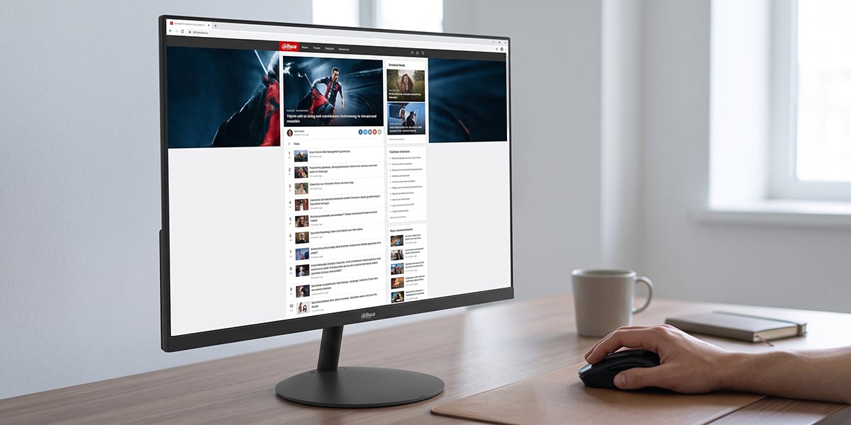 Dłoń opiera się na myszce przed monitorem Dahua wyświetlającym stronę internetową z artykułami i zdjęciami