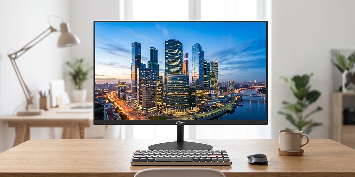 Mężczyzna siedzi przy biurku przed monitorem Dahua wyświetlającym panoramę miasta nad wodą