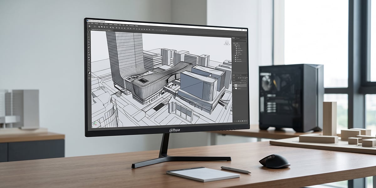 Monitor Dahua stoi na drewnianym biurku i wyświetla rysunek techniczny oraz projekt bryłowy budynku
