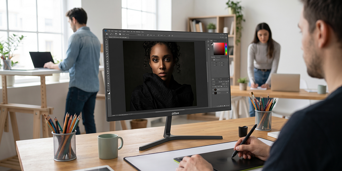 Mężczyzna retuszuje portret kobiety w programie graficznym na monitorze Dahua za pomocą tabletu piórkowego