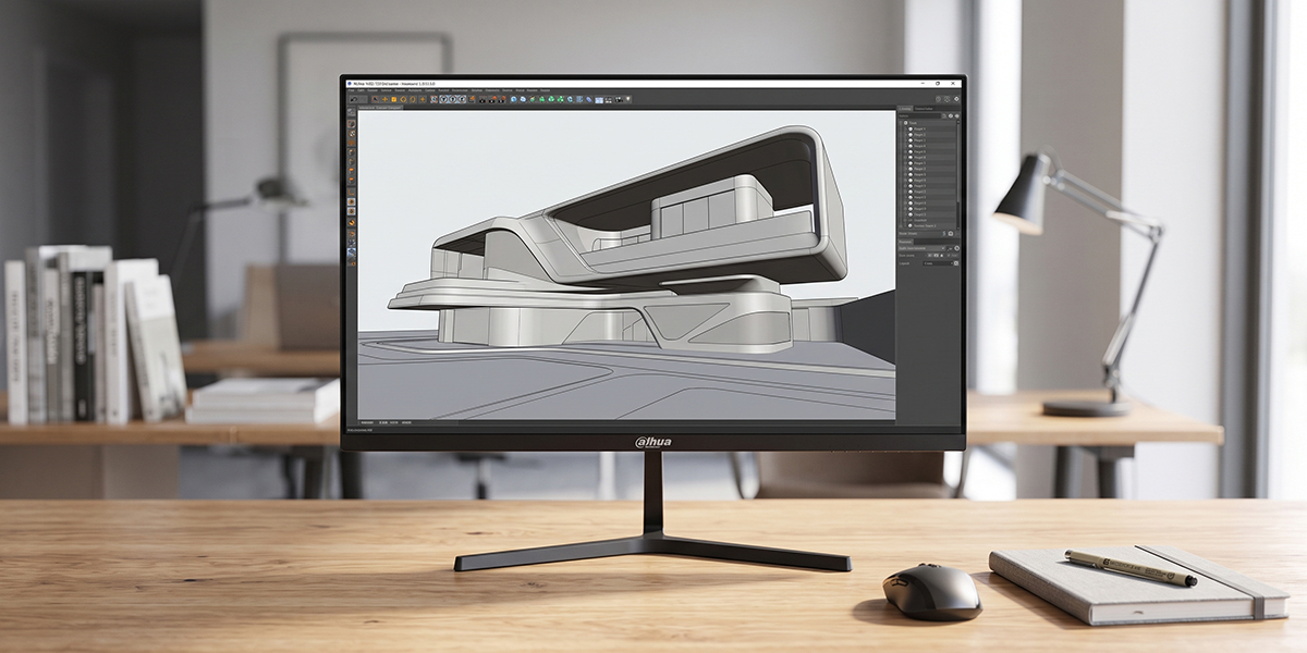 Monitor Dahua na drewnianym biurku wyświetla projekt 3D nowoczesnego budynku w programie graficznym
