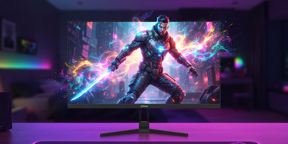 Monitor Dahua w ciemnym pokoju prezentuje postać cybernetycznego wojownika z mieczem świetlnym