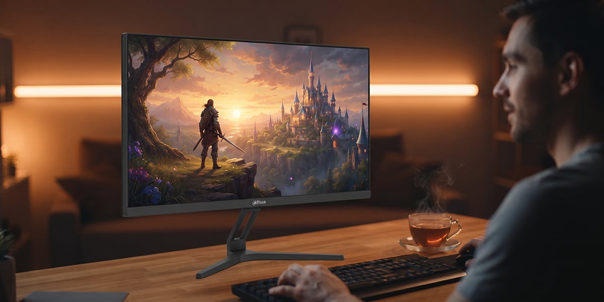 Mężczyzna gra na komputerze z monitorem Dahua w grę RPG z widokiem na średniowieczny zamek