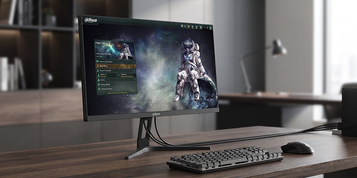 Monitor Dahua na biurku wyświetla menu gry z postacią kosmonauty siedzącego na małej planecie