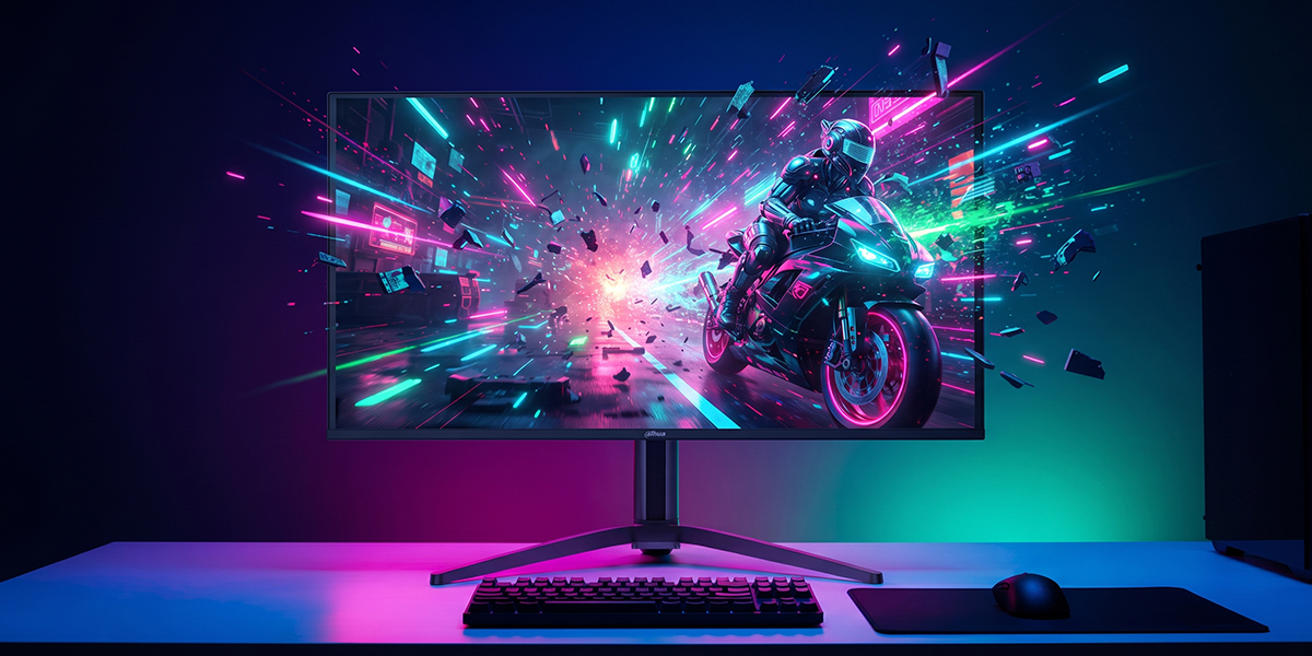 Monitor Dahua na biurku wyświetla neonową scenę z postacią na motocyklu w dynamicznym tunelu pełnym rozbłysków