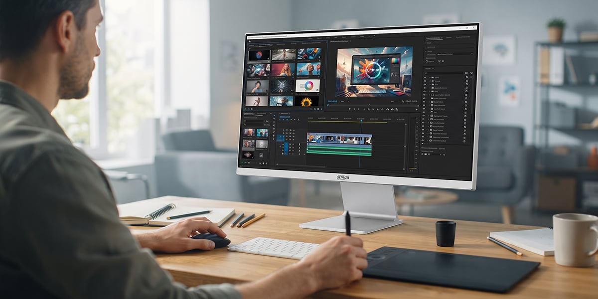 Mężczyzna edytuje materiał wideo w programie montażowym na eleganckim, srebrnym monitorze Dahua z biurkiem