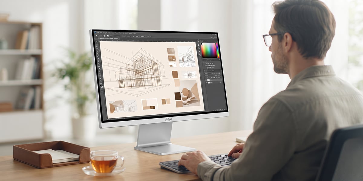 Mężczyzna rysuje projekt architektoniczny budynku w programie graficznym na jasnym monitorze Dahua
