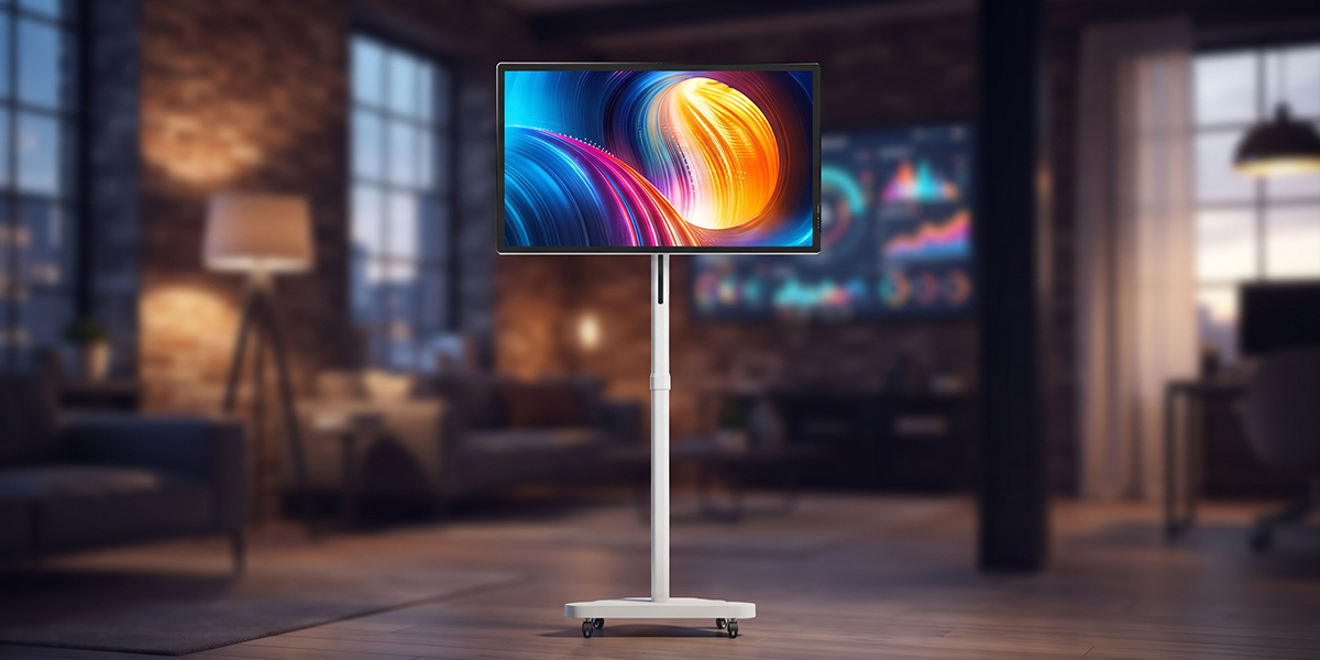 Monitor mobilny Dahua na stojaku z kółkami stoi w nowoczesnym, loftowym wnętrzu i wyświetla kolorową grafikę