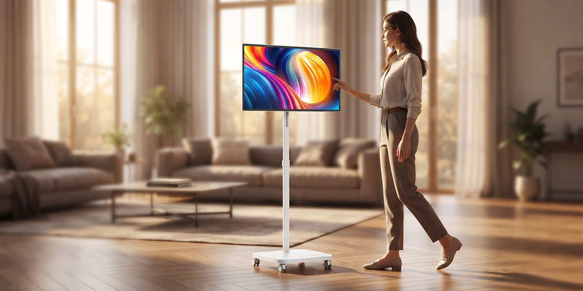 Kobieta przechodzi obok mobilnego monitora Dahua na stojaku, dotykając jego ekranu w eleganckim salonie