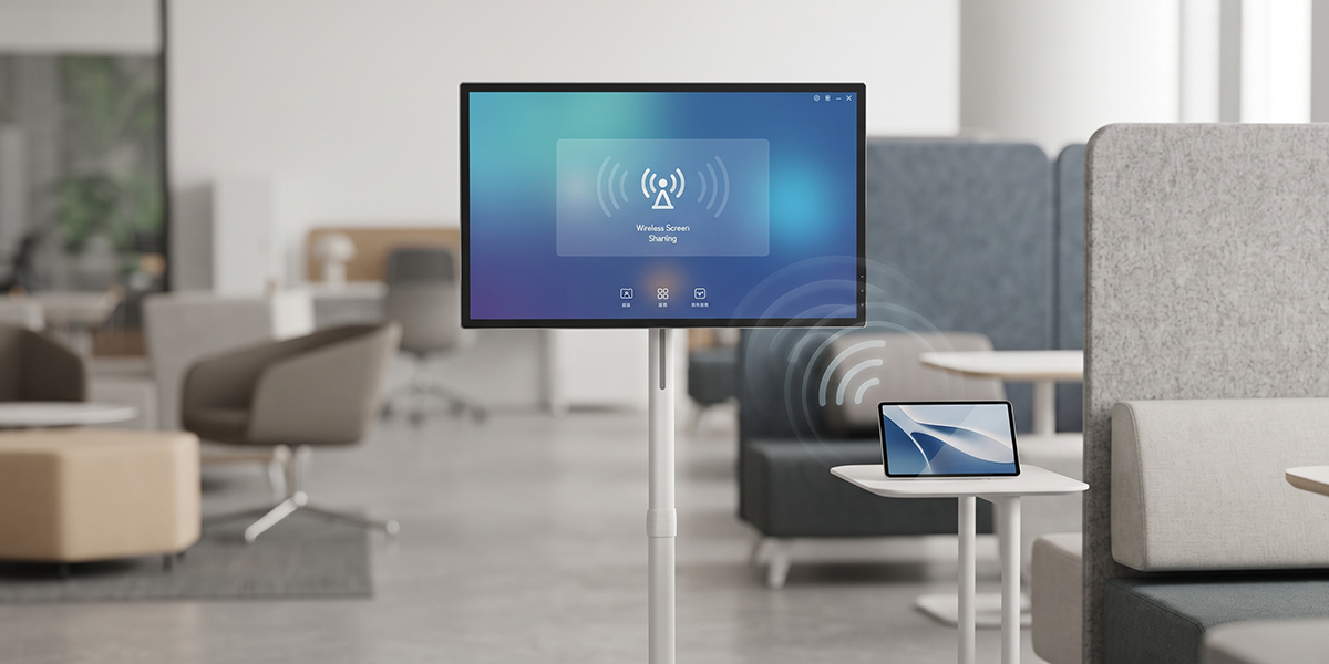 Mobilny monitor Dahua stoi w przestrzeni coworkingowej i wyświetla funkcję bezprzewodowego udostępniania ekranu