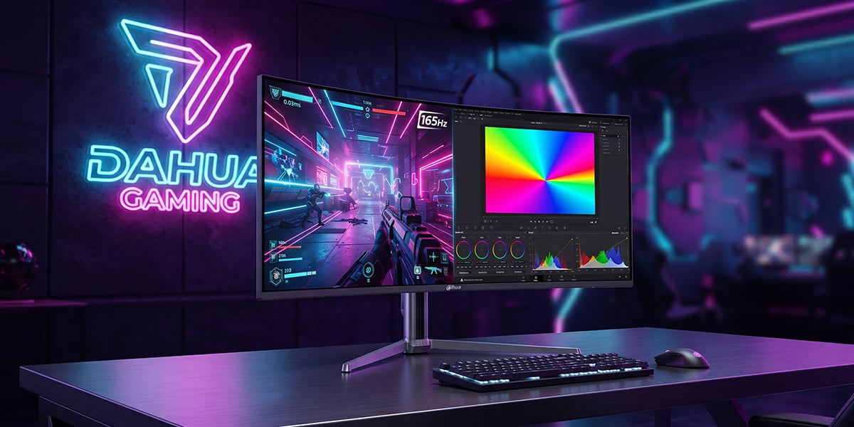 Szeroki monitor Dahua na biurku wyświetla podzielony ekran z grą akcji i panelem graficznym w pokoju z neonami.