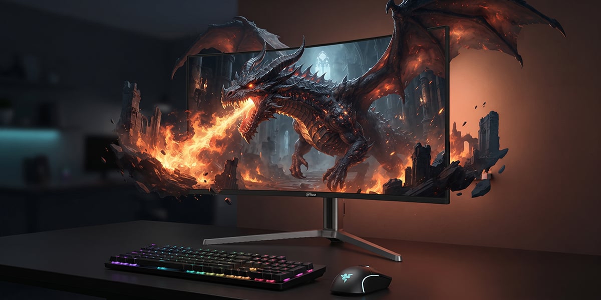 Monitor Dahua wyświetla dynamiczną scenę z groźnym smokiem ziejącym ogniem w zniszczonej scenerii fantasy
