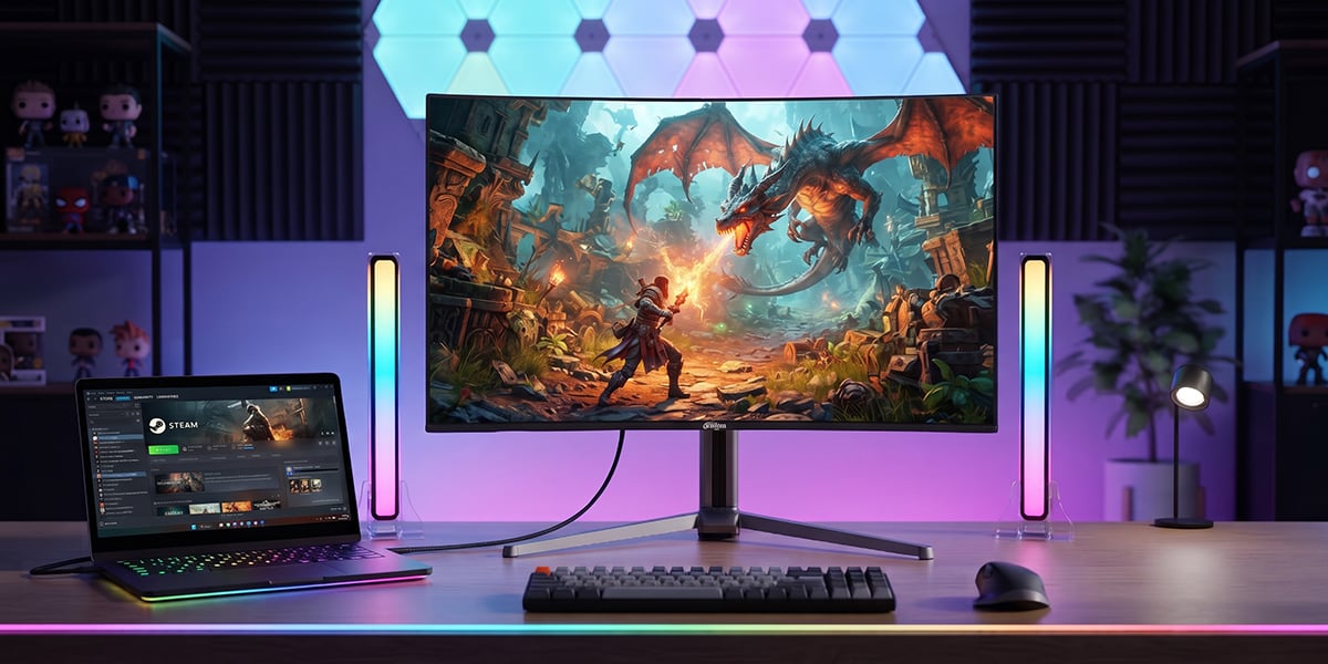 Monitor Dahua na biurku z laptopem wyświetla walkę rycerza z wielkim smokiem w świecie fantasy