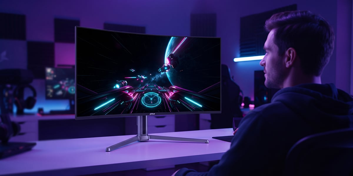 Mężczyzna siedzi przed zakrzywionym monitorem Dahua i gra w grę z animacją statków w kosmosie