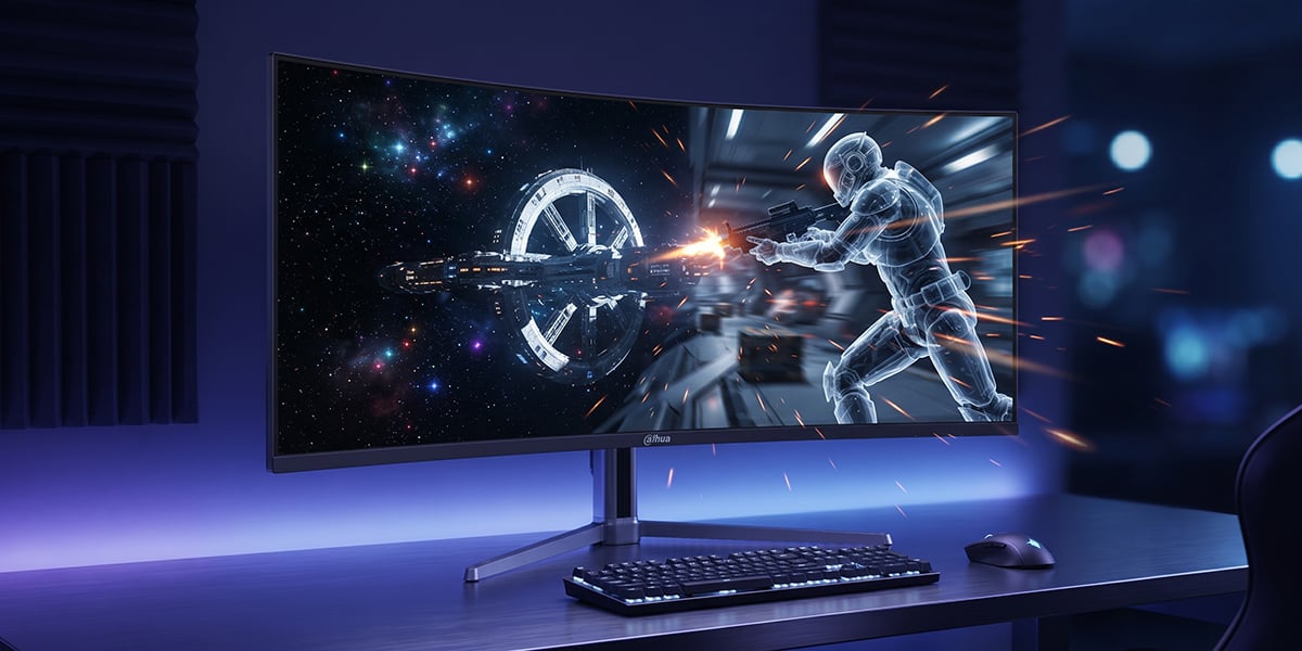 Monitor Dahua prezentuje kosmiczną bitwę z astronautą celującym z broni w futurystycznym korytarzu