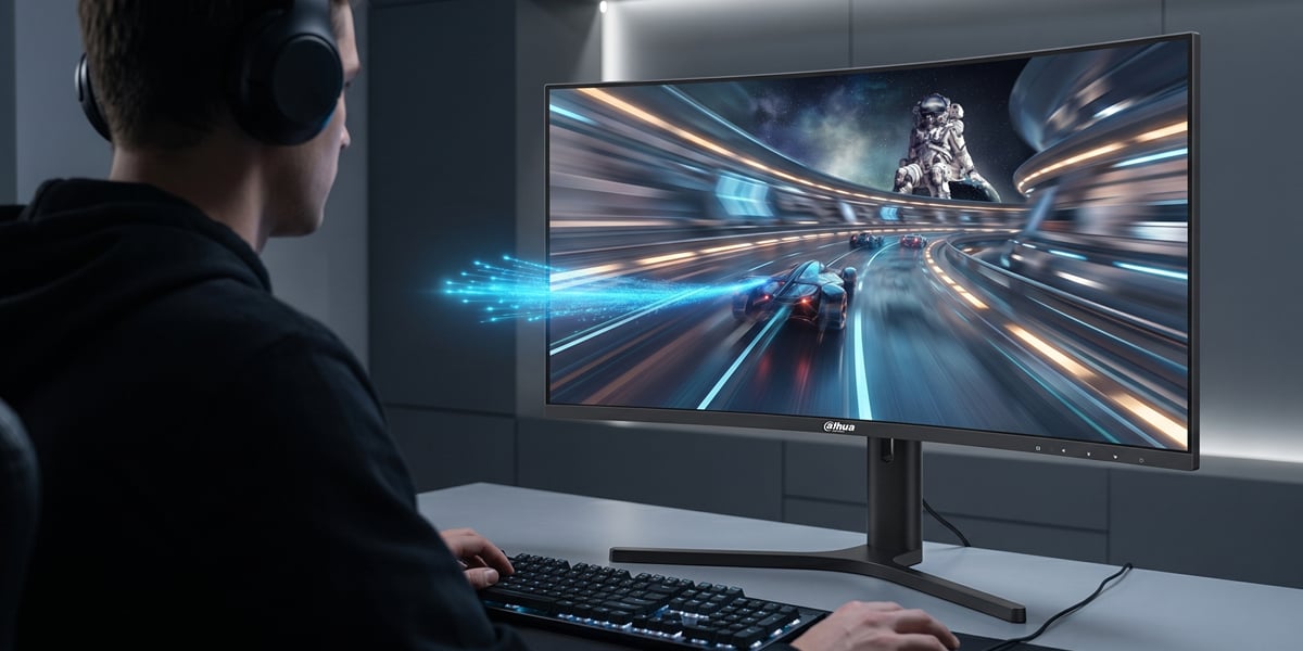Mężczyzna w słuchawkach gra na zakrzywionym ekranie monitora Dahua. Z dynamicznej gry wyścigowej na ekranie wyłania się błękitny strumień światła.