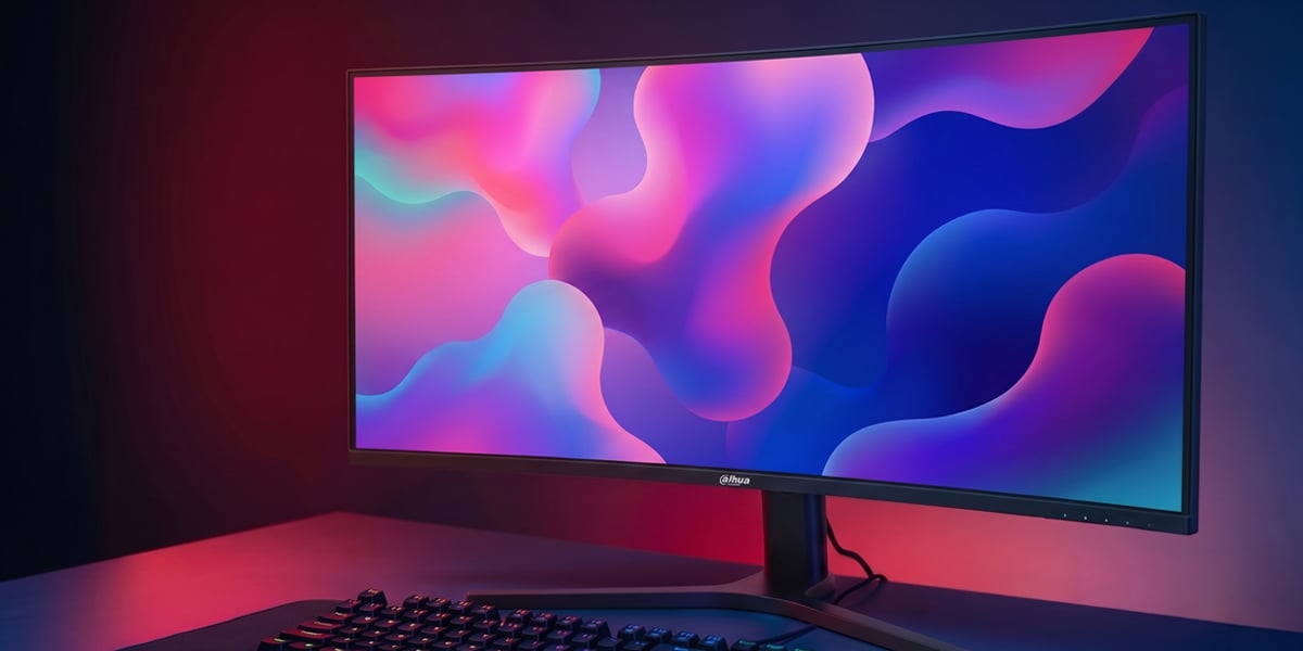 Monitor Dahua stoi na ciemnym biurku z klawiaturą z przodu. Ekran wyświetla płynną, różowo-fioletowo-niebieską grafikę.