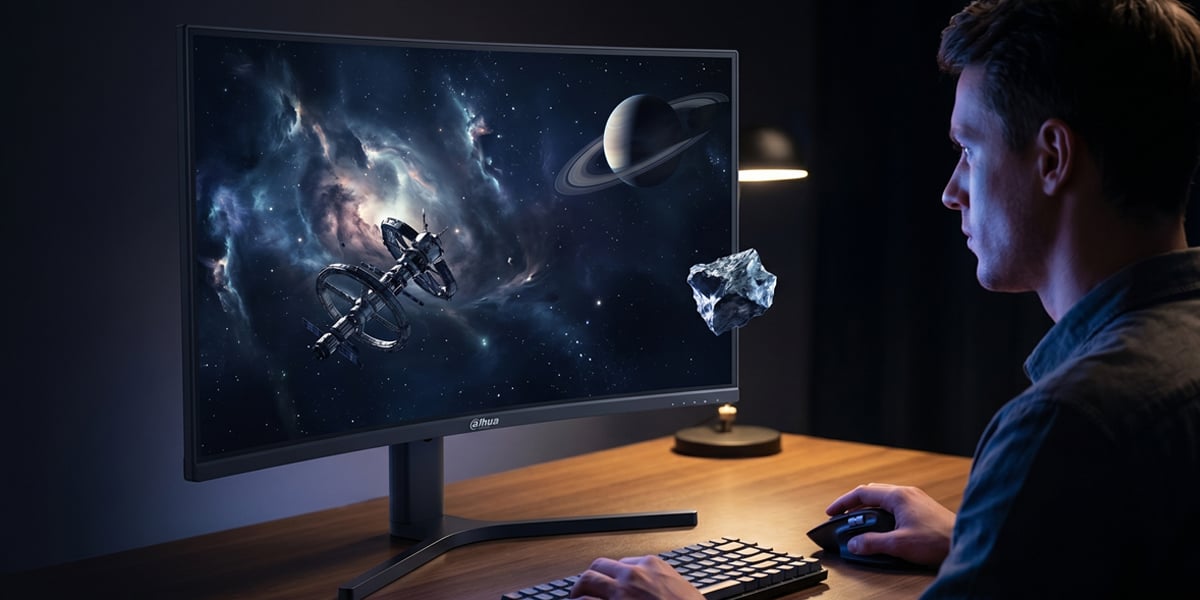 Mężczyzna widoczny z profilu patrzy na zakrzywiony monitor Dahua z kosmiczną grafiką, z której trójwymiarowo uwalnia się lewitujący odłamek skały.