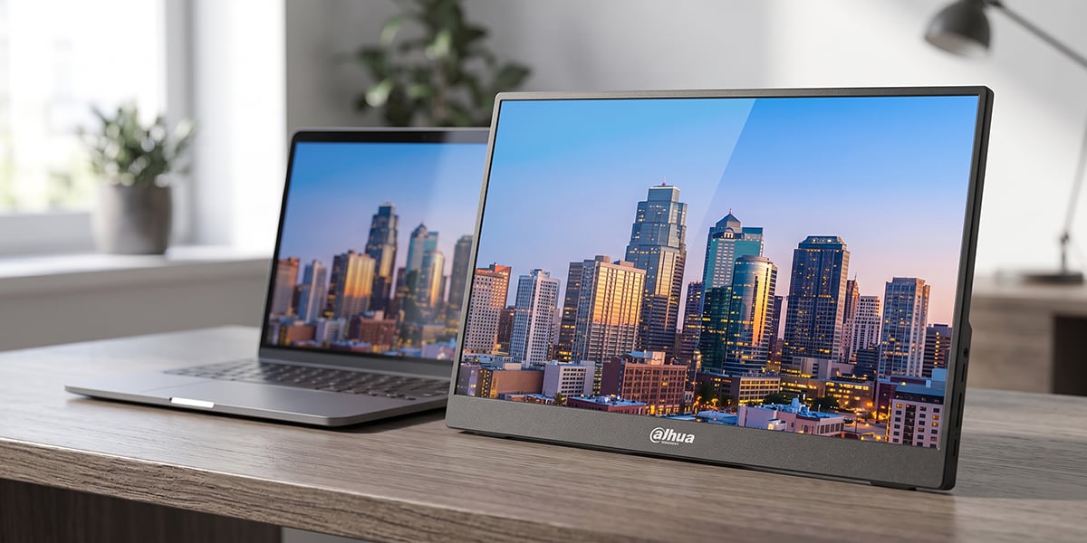 Przenośny monitor Dahua wyświetla panoramę miasta obok otwartego laptopa na drewnianym biurku