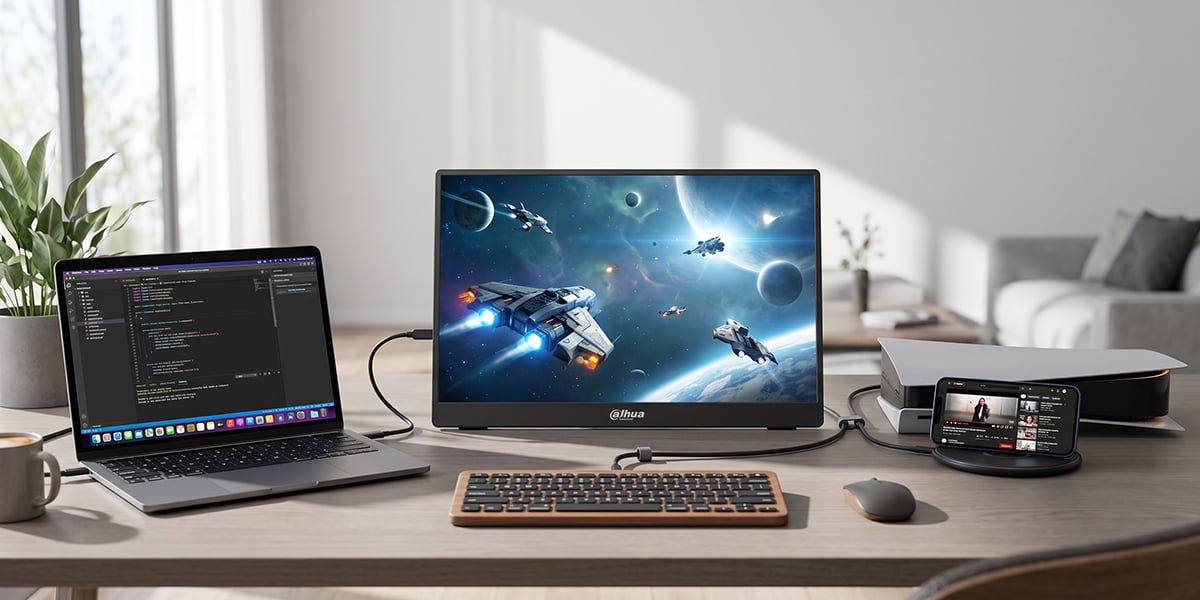 Monitor Dahua wyświetla grę kosmiczną na biurku obok laptopa z kodem, klawiatury i smartfona