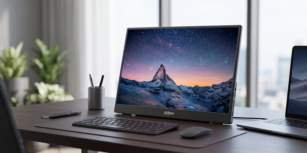 Przenośny monitor dotykowy Dahua wyświetla ośnieżony szczyt góry na biurku obok laptopa i klawiatury