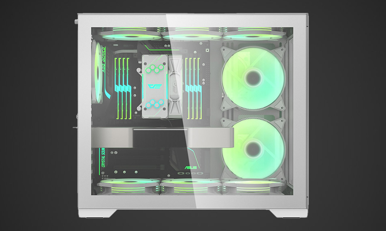 DarkFlash C305 ATX White widok z boku, szklany panel