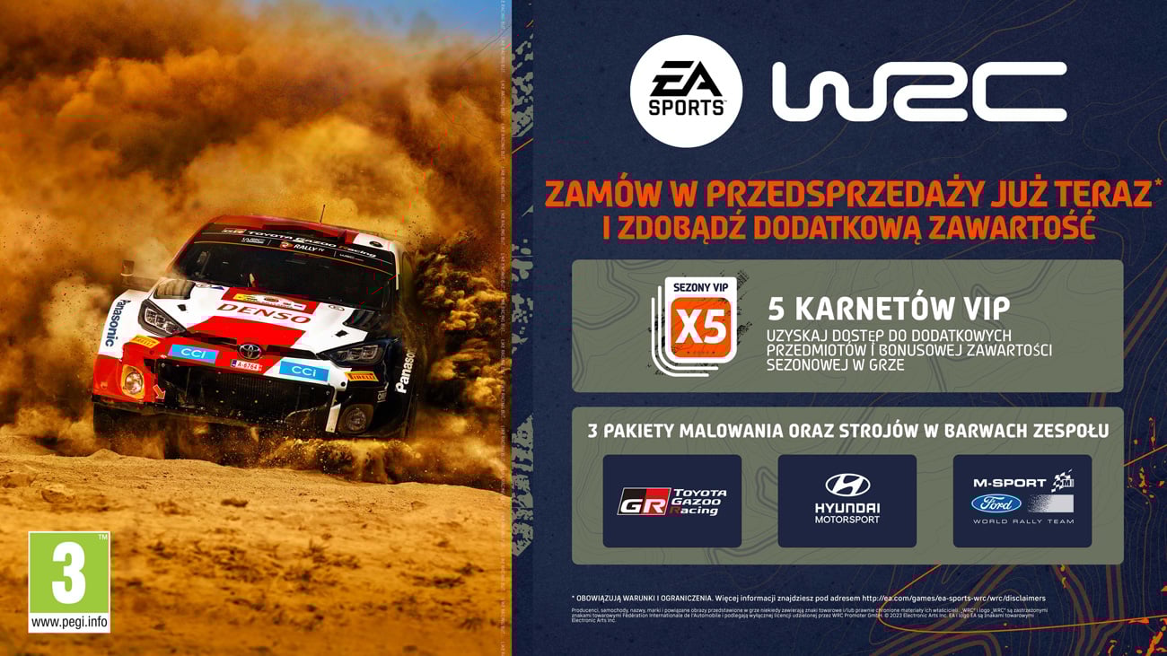 Grafika prezentująca dodatkową zawartość cyfrowych do przedpremierowych zamówień gry EA SPORTS WRC