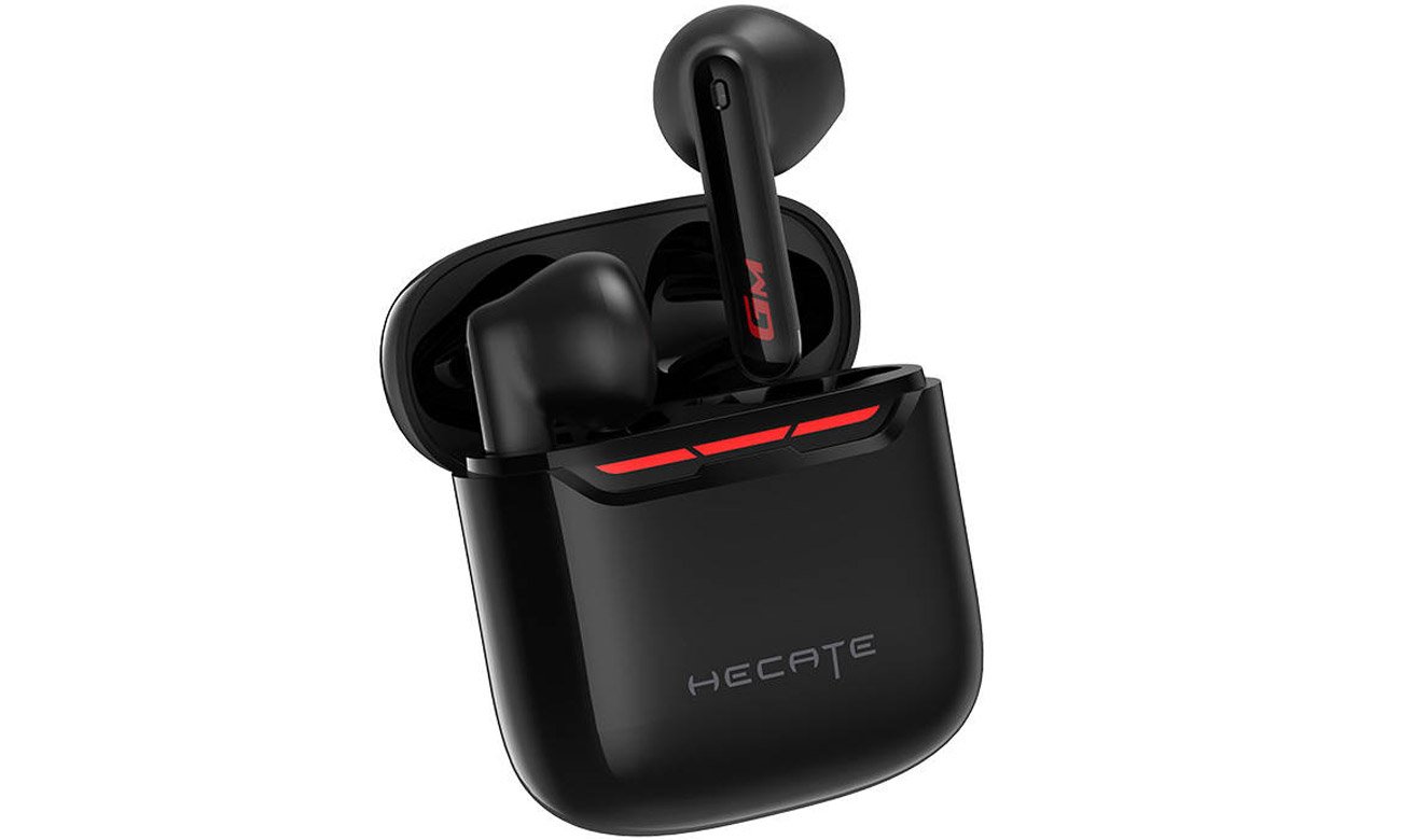 Słuchawki bezprzewodowe Edifier HECATE GM3 Plus Czarne - Widok od przodu pod kątem wraz z etui