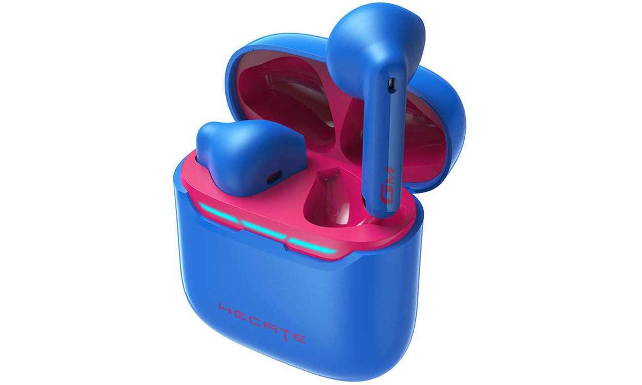 Słuchawki bezprzewodowe Edifier HECATE GM3 Plus Niebieskie - Widok od przodu pod kątem wraz z etui