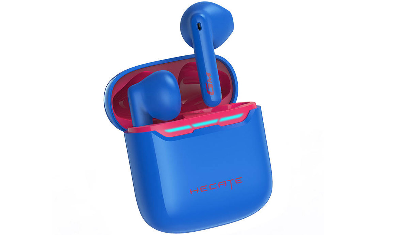 Słuchawki bezprzewodowe Edifier HECATE GM3 Plus Niebieskie - Widok od przodu pod kątem wraz z etui