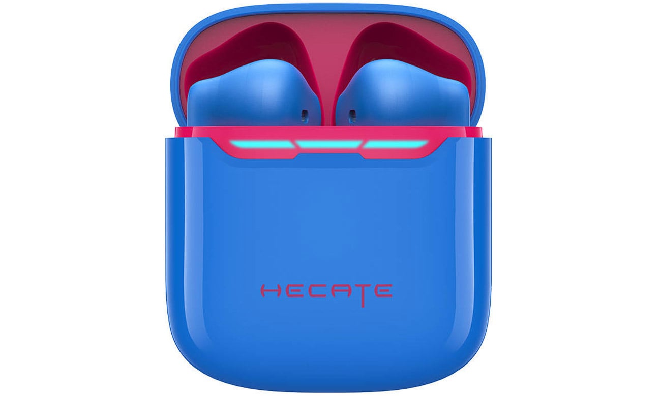 Słuchawki bezprzewodowe Edifier HECATE GM3 Plus Niebieskie - Widok od przodu wraz z etui